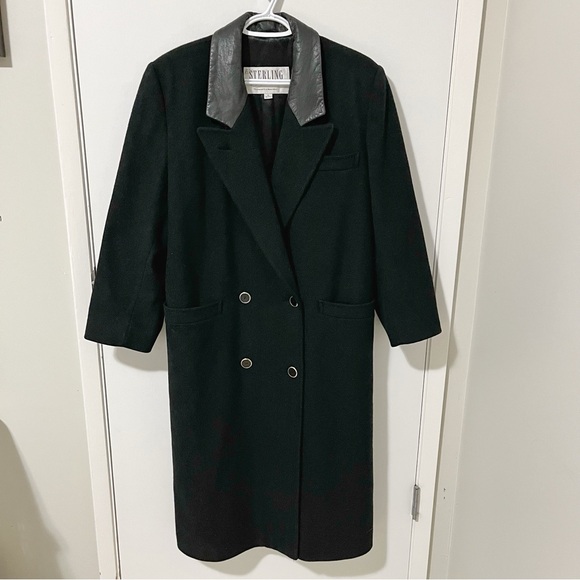 Vintage London Fog Long Wool Double Breasted Leather Collar Coat Black size 10 - Picture 1 of 13